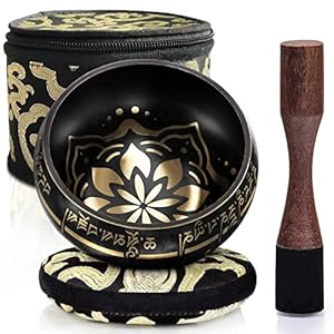 Handmade Tibetan Etched Singing Bowl Set with Case...
