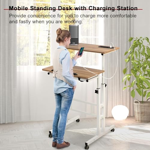 Image of Hadulcet Mobile Standing Desk with Charging Station, Adjustable Standing Computer Desk, Standing Adjustable Laptop Cart with Wheels for Home Office Classroom Vintage Oak