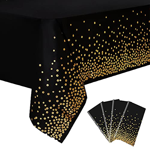 4 Pack Black and Gold Tablecloth for Rectangle Tables Gold Dot Disposable Tablecloths 54" x 108" Plastic Tablecloth Party Table Covers for Birthday Thanksgiving Christmas Wedding Outdoor BBQ Black