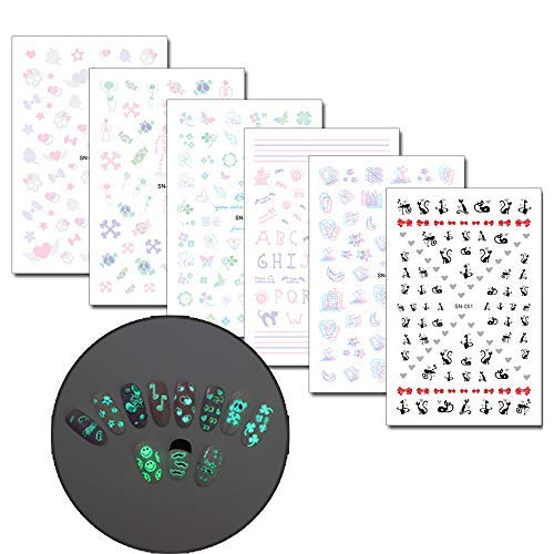 WOKOTO 6 Sheets Luminous Nail Art Stickers Tips Fluorescent