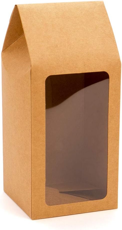 ClearBags Kraft Tapered Tote Box with Window Food Safe 3 1/2 x 3 1/2 x 8 1/2 Inches Natural Kraft Paper Attached PET Sheet Handles Cookies Candy Gifts Display Packaging 25 Pack FS321