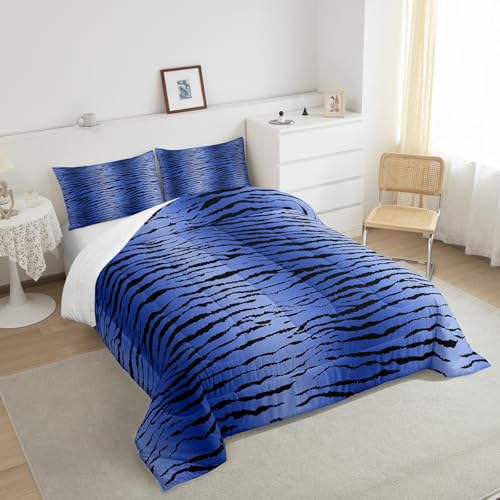Image of Feelyou Kids Blue Black Boys Girls Bedding Set Full, Zebra Stripes Comforter Safari Animal Fur Print Comforter Set for Kids Teens Jungle Duvet Set 3Pcs