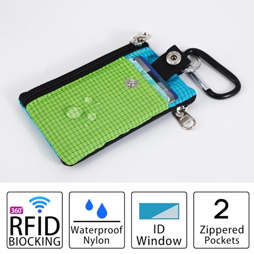 Image of MASAPHlL Small Lanyard Wallet for Women /Men with RFID Blocking ID Card Wallet, Minimalist Nylon Zipper Pouch, Travel Neck Wallet with Keychain, ID Window for Card,Coin,Cash (Emerald Green+Sky Blue)