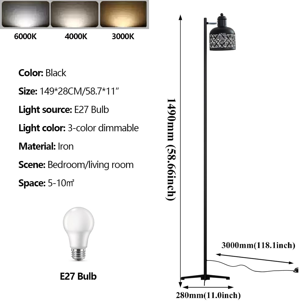 Lámpara de Pie de Hierro Negro de 58,7", 3 temperaturas de Color, ángulo Ajustable, lámpara de Poste Alto, Luces de esquina para Sala de estar Interior con interruptor táctil, casquillo E27