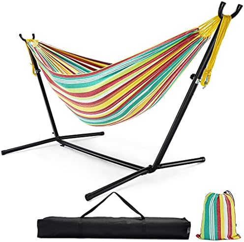 Zupapa Hammock with Stand 2 Person Heavy Duty, Portable Hammock with Stand for Outdoors, Adjustable Hammock Stand and Double Hammock with Carry Bag, 550 LBS Capacity. (Green Red Yellow Stripe)