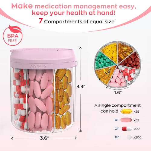 Image of Hionxmga Pill Dispenser with 7 Large Compartments, Pill Organizer for Travel with Anti-Mixing Design, BPA-Free Pill Container with 20 Pcs Labels, Pink