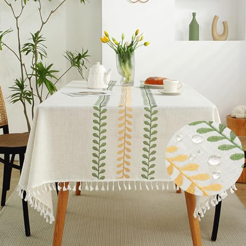 AMZALI Cotton Linen Square Tablecloth Embroidery Leaf Pattern Weight Farmhouse Table Cloth Tabletop Decoration Tassel Wrinkle Free Table Cover for Dining Outdoor and Indoor