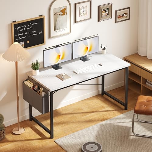 Image of OLIXIS Computer Desk, 55 Inch Gaming Desks for Home Office Small Spaces | Writing Study Craft Work Table, Computer Workstation for Bedroom with Storage Bag, White