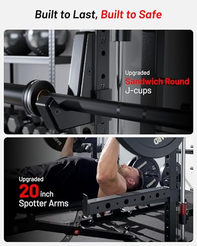 Image of Mikolo M4 2.0 Standard Smith Machine, Multi-Functions Squat Rack with LAT-Pull Down System & Cable Crossover Machine, Training Equipment with Leg Hold-Down Attachment, Red