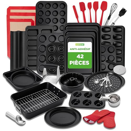 NutriChef Set Complet 42 pcs de Pâtisserie – Acier Carbone, Moules, Outils, Gants, Idéal pour Pâtisserie & Cuisine Quotidienne, Noir