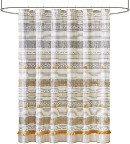 Image of Ink+Ivy Cody 100% Cotton Shower Curtain, Boho Chic Printed Striped with Tassel Pompom, Fringes Trim, Modern Bathroom Decor, Machine Washable 72 inch x 72 inch Grey /Yellow