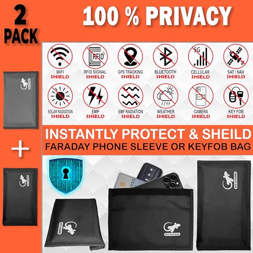 Image of Two Faraday Bags Anti-Tracking GPS RFID Signal Blocker Wallet Shielding Pouches (x2) Protective Cases for Cell Phone Car Key FOB, Data Privacy, Electronic Device Security (2 Pack - Black and Gray)