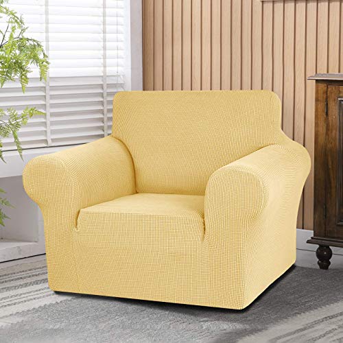 KEKUOU Stretch Single Sofa Slipcover 1 Piece Couch Sofa Cover (31"-55") Furniture Protector 1 Seater Sofa with Elastic Bottom for Kids,Pet.Jacquard Small Checked Pattern Fabric(Small,Champagne)