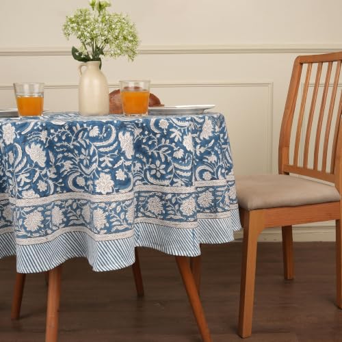 Image of Encasa XO Dining Table Cloth, Jaipuri Block Print Cotton Cover Blue