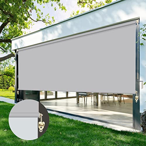 ZY Blinds Exterior Blackout Cordless Window Blinds, Waterproof Light Grey Fabric Outdoor Roller Shades, UV Protection Pull Shade Privacy Screen for Deck, Porch, Balcony, Backyard