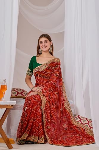 Image of Women's Georgette Bandhani Printed Embroidery Saree with Unstitched Blouse Piece
