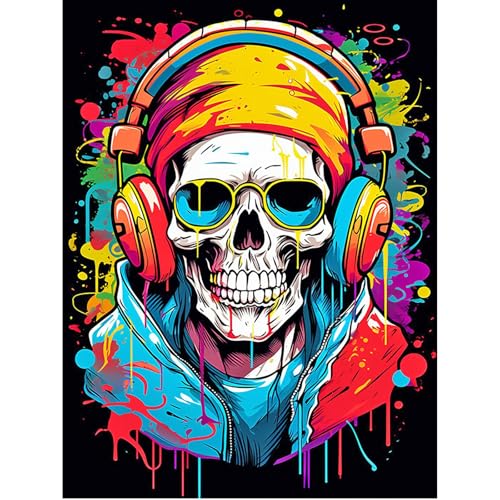 SHEGZHUC Peinture diamant 40 x 50 cm Tête de mort avec écouteurs Crâne de musique Squelette...