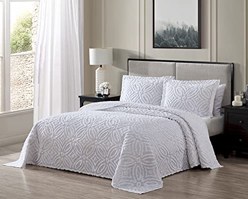 Image of Beatrice Home Fashions Wedding Ring Chenille Bedspread, King, White + 2 Wedding Ring Chenille Pillow Shams, Standard, White