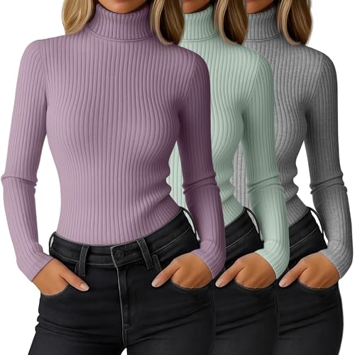 Ficerd 3 Pack Women's Ribbed Thermal Turtleneck Tops Long Sleeve Stretch Shirts Knitted Fitted Lightweight Base Layer(Medium,Gray, Gray Green, Lavender)