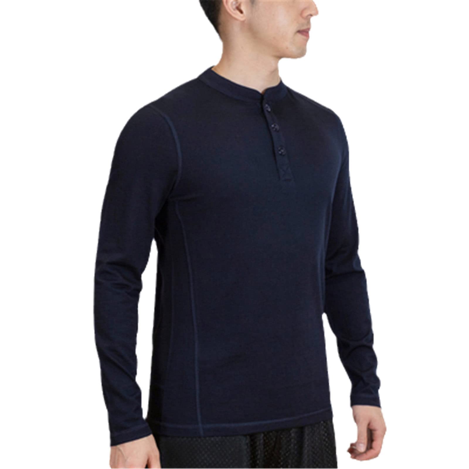 Henley Herren Wolljersey Basic Layer Langarm Top Out Door Warm Kleidung Hemd, marineblau, XL