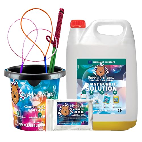 Bubble Brothers Giant Bubble Kit with Bucket - 6-piece Set - Giant Bubble Wands & Solution - Unisex - 3+ Years