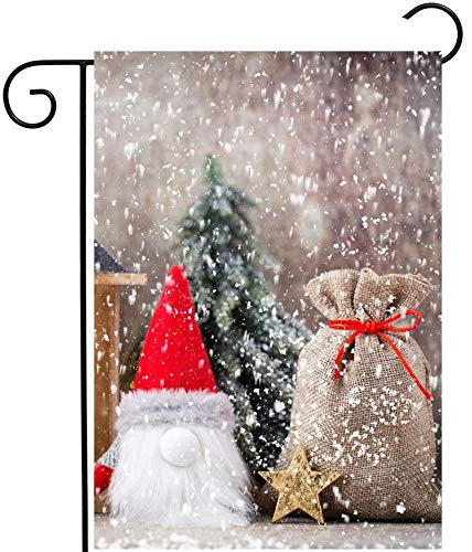 WZSY Christmas Gnome with Santa Hat and Fir Tree in Snowy Snowflake Winter Garden Yard Flag 12"x 18" Double Sided Polyester Welcome House Flag Banners for Patio Lawn Outdoor Home Decor