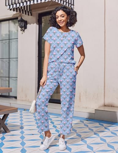 Image of Ekouaer Pajama Sets for Women Round Neck Pjs Short Sleeve Sleepwear with Long Pants Loose Lounge Sets