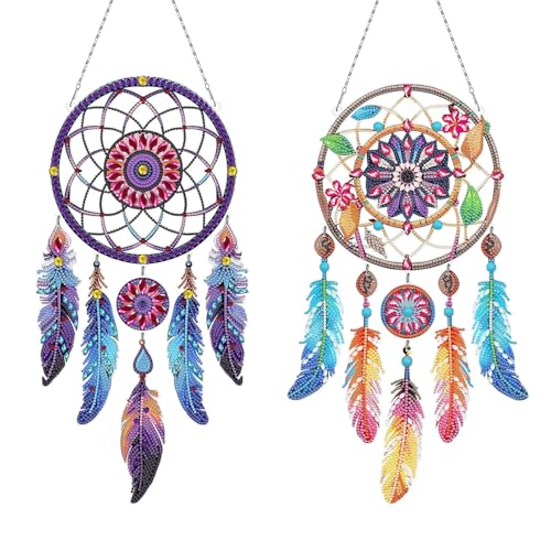 2pcs Diamond Dream Catchers Kit Painted Diamond Art DIY Diamond Painting Kit Handmade Craft Pendant for Home Wall Window Boho Decor Symbol of Good Dreams Room Decoration Type 3