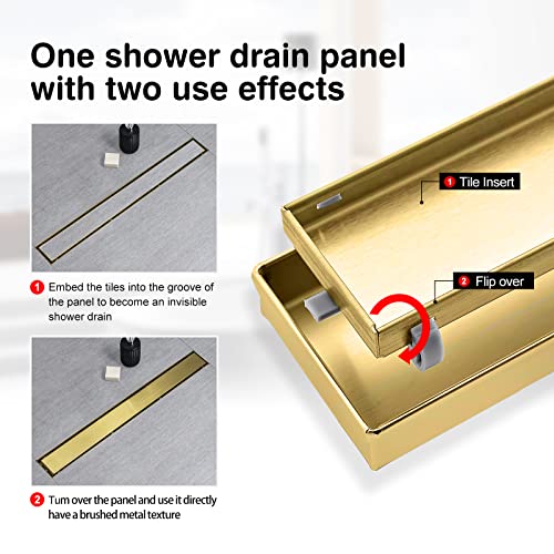 Sanitemodar Linear Shower Drain, Gold Shower Drain 24 Inch With 2 In 1 Tile Insert Panel, With Hair Strainer And Leveling Feet #TOP4