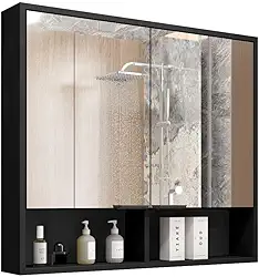 Armário de Banheiro Aéreo 2 Portas Com Espelho Espelheira Com Nicho Aquiles (Preto Flexcollor Nature)