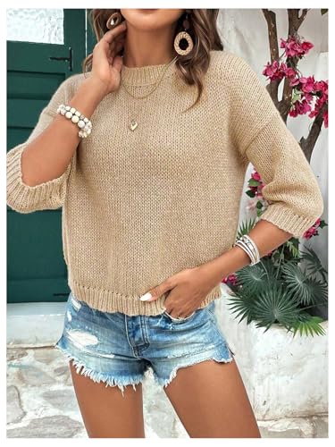 GORGLITTER Women's Short Sleeve Cropped Sweater Tops Crew Neck Knitted Pullover Top4