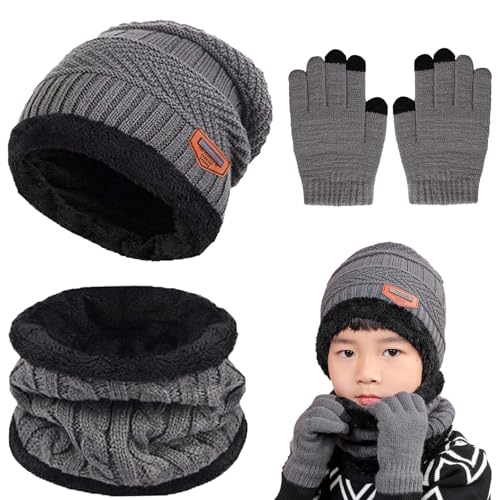 Niños Set de Bufanda Gorro y Guantes,niños Gorro Bufanda Guantes,guantes de bufanda y gorro Niños, Gorro Pompón Traje de Abrigo 3 en 1, Bufanda y Guantes Gorro para Niños, para Unisex Bebé 5-10 Años