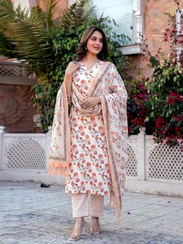 Image of GoSriKi Kurta Sets for Women Cotton Blend Printed | Kurti Set for Woman | Kurta Pant Dupatta Set | 3 Piece Set Women | Straight Kurti | V Neck Full Sleeve Suit Set Stylish Ethnic Outfit Clothing