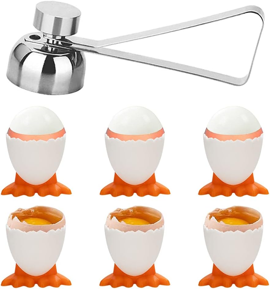 TANCUDER 6 PCS Egg Cups Novelty Easter Egg Holder Stand Chicken Egg Cups Eggcups with Stainless Steel Eggshell Cutter Topper Egg Cracker Opener Remover Kitchen Tool for Raw Soft Hard Boiled Egg