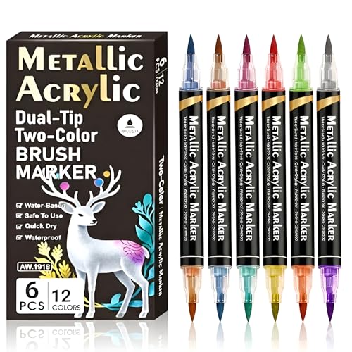 Image of Shopiable Store Dual-Tip Two-Color Metallic Acrylic Markers Set | Brush & Fine Tip | Waterproof, Quick Dry, High-Pigment Paint Pens for Rock, Glass, Wood, Canvas & DIY Crafts (12 Colors 6 Pcs)