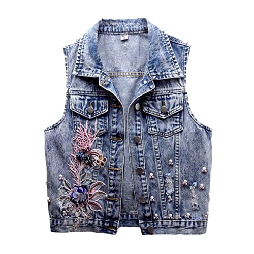 Débardeur femme perlé en jeans bleu XXL avec broderie fleur et style blouson bomber