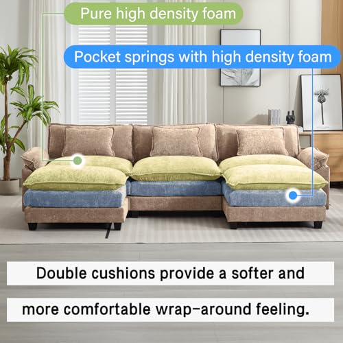 Image of Oprisen 120 inch Modular Sectional Sofa, Comfy Cloud Couch Sectional Sofa with Ottoman, Chenille Sofa Sleeper Deep Seat Sofa with Throw Pillows for Living Room (Khaki, 120 inch- U Shape)
