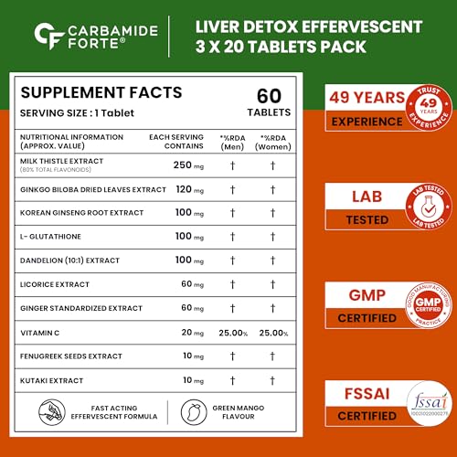 Image of Carbamide Forte Liver Detox Supplement | Fatty Liver Detox Tablets with Clinically Researched Ingredients | Just Drop, Dissolve, Fizz & Drink | Green Apple Flavour - 60 Effervescent Tablets