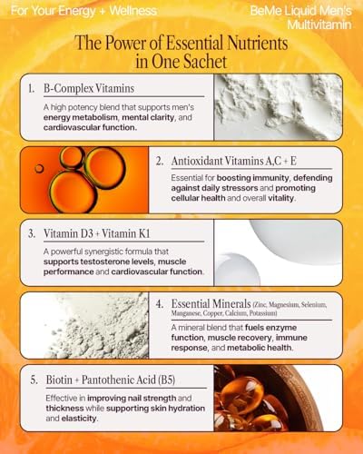 BeMe Be Vitalized Liquid Multivitamin for Men - Daily Liquid Vitamins & Minerals, A, B-Complex, C, D, E, K, Calcium, Zinc, Magnesium, Men's Health & Wellness Supplement Drink - 15 Sachets, Orange 2