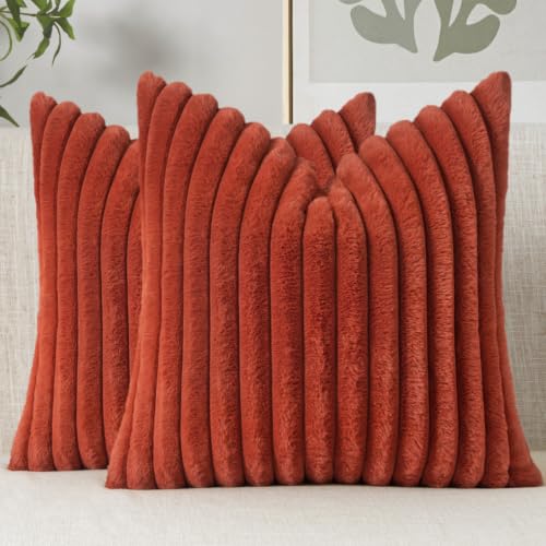 Image of MIULEE Faux Fur Decorative Throw Pillow Covers 16x16 Set of 2 Rust | Vintage Boho Fall Home Decor Soft Plush Couch Pillows Cozy Fluffy Cushion Covers for Sofa Bed Living Room