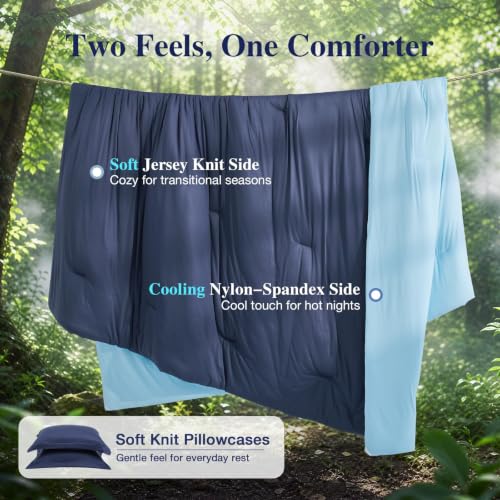 Image of MUXHOMO Cooling Comforter Set Queen Size, Lightweight Summer Comforter for Hot Sleeper, Reversible Bedding with ICY Cooling Surface, Includes 1 Comforter (90 inchx90 inch) and 2 Shams (20 inchx 26 inch), Navy