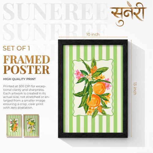 Image of Suneree Botanical Fruit Wall Art Set of 2 Framed Paintings | Lemon Orange Illustration Green Striped Poster | Kitchen Dining Room Home Decor (Art 12, 10x13 Inches, Black)