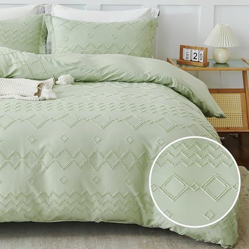 Image of EMME Green Tufted Duvet Cover Set, Boho Bedding for All Seasons - 1 Duvet Cover + 1 Pillowcase (Sage Green, Twin)