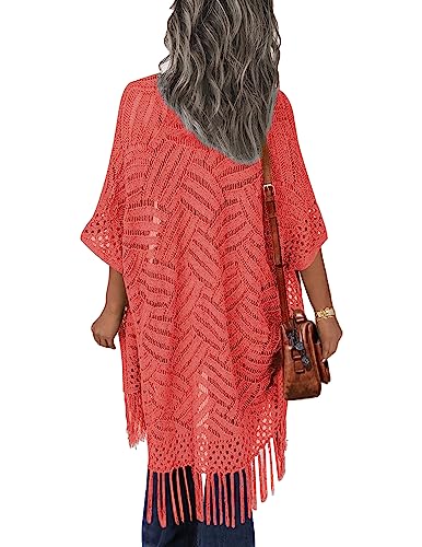 Image of HOTOUCH Womens Knit Cardigan Open Front Outwear Hollow Out Crochet Tassel Lightweight Kimonos Sweater S-XXL