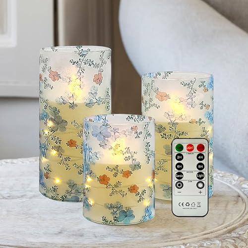 Image of Flickering Flameless Candles Vintage Blue Floral Print, Embedded Star String Lights, Battery Operated Acrylic LED Pillar Candles with 11-Key Remote and Timer for Home Decoration, 3 Pack