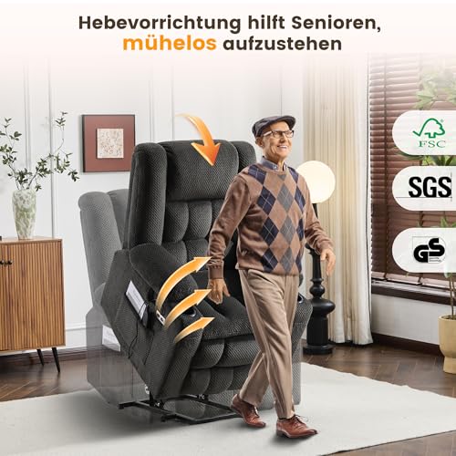 PALLOME Elektrischer Aufstehsessel für Senioren, Fernsehsessel Relaxsessel mit Massage & Wärme, Liegesessel mit Aufstehhilfe, Massagesessel Wohnzimmer (Grau) – Bild 6