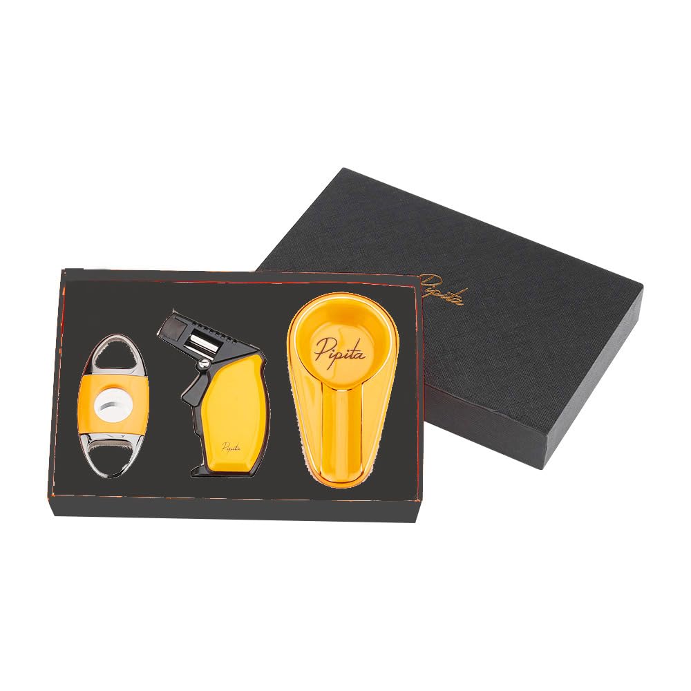 PIPITA Flamme Briquets Allume Cigare Tempete Chalumeau Gaz Butane Rechargeable Big Jet Turbo Bleu Flammes Cigare Torche Briquet avec Trou Puncher (Non Gaz Inclus) (Set)