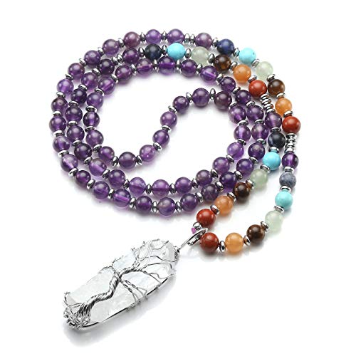 Top Plaza Natural Stone Beads Chakra Healing Crystal Amethyst Necklace Silver Tree of