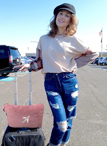 Image of BlueHills Travel Blanket Pillow in Mini Soft Case Premium Plush Airplane Blanket in Soft Bag Compact Pack with Luggage Belt and Backpack Clip - Dusty Rose Pink M02