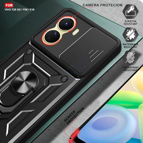Image of AESTMO Polycarbonate Tough Armor Vivo T2X 5G /Y56 5G /Y16 Bumper Back Case Cover|Ring Holder&Sliding Camera Shield Cover|360 Degree Protection Back Case Cover for Vivo T2X 5G /Y56 5G /Y16(Black)